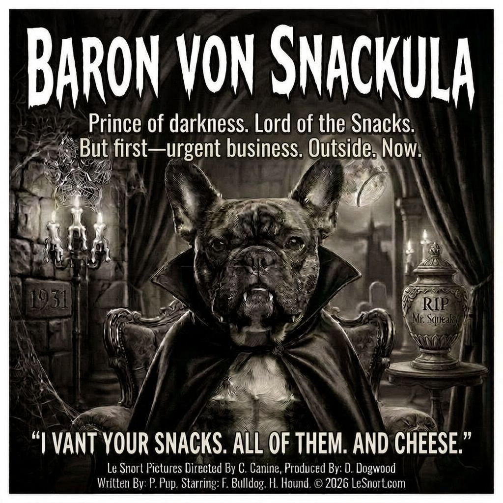 Dog in a Halloween-themed costume with text about 'Baron von Snackula' in a dark, gothic setting.