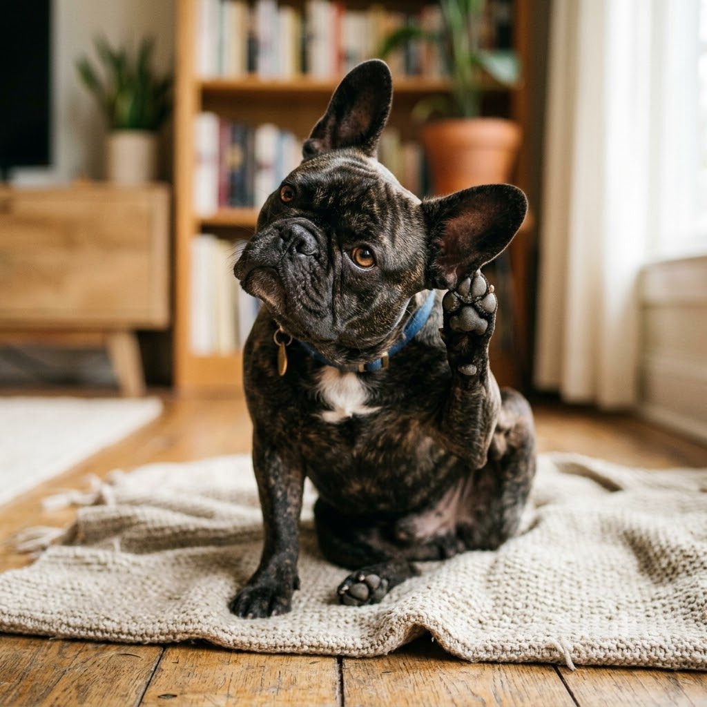 A 1:1 square photograph of a brindle French Bulldog sitting on a knitted rug, tilting its head with one front paw raised towards its ear, appearing to listen intently to a sound.