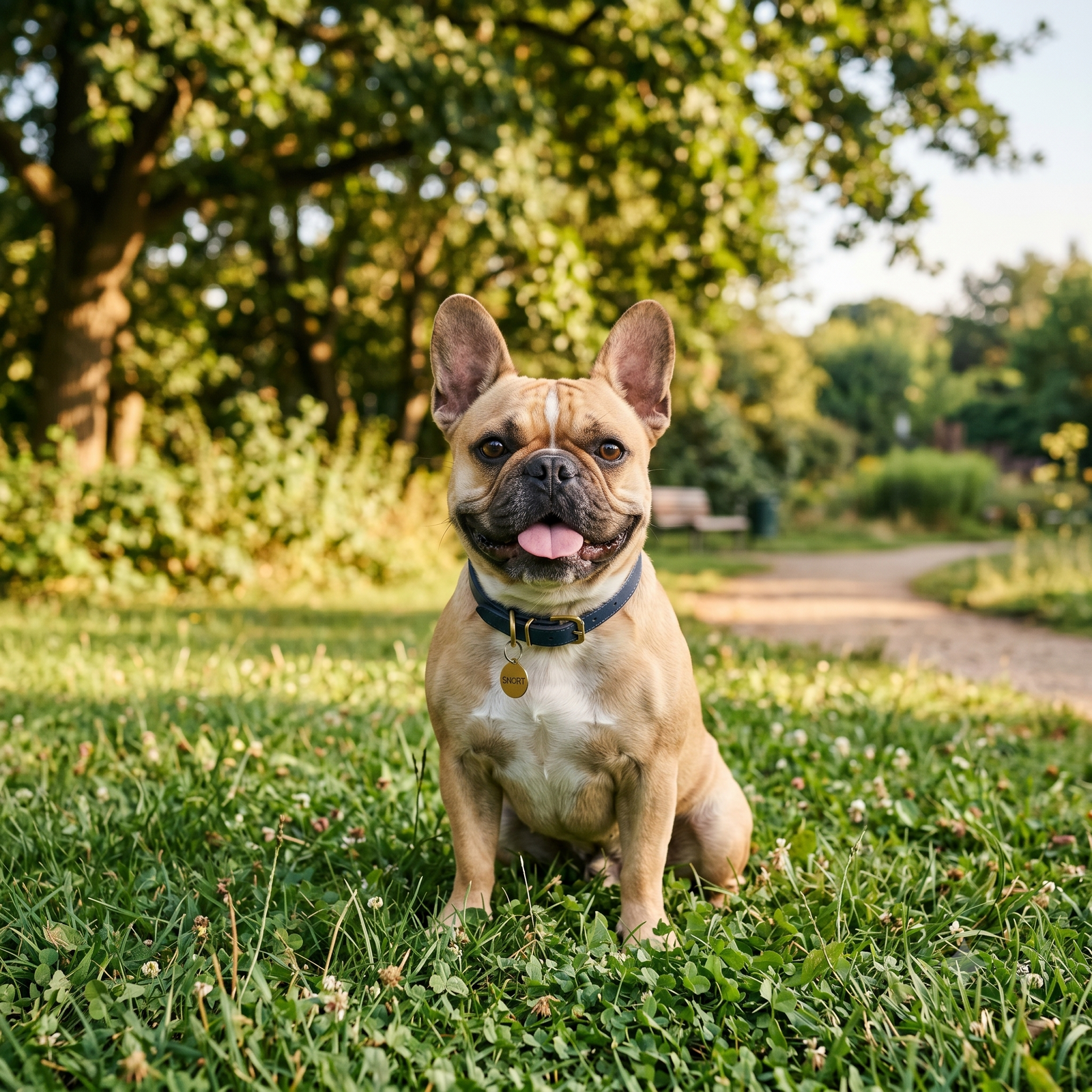 A cheerful fawn French Bulldog sitting happily on a sun-dappled grassy park trail.