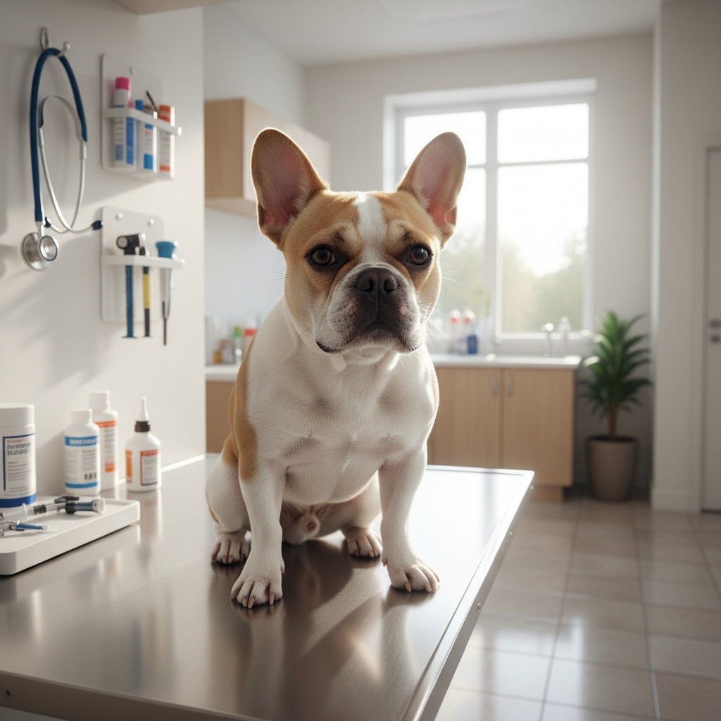 A fawn and white French Bulldog sits patiently on a stainless steel examination table in a clean, brightly lit veterinary clinic exam room.