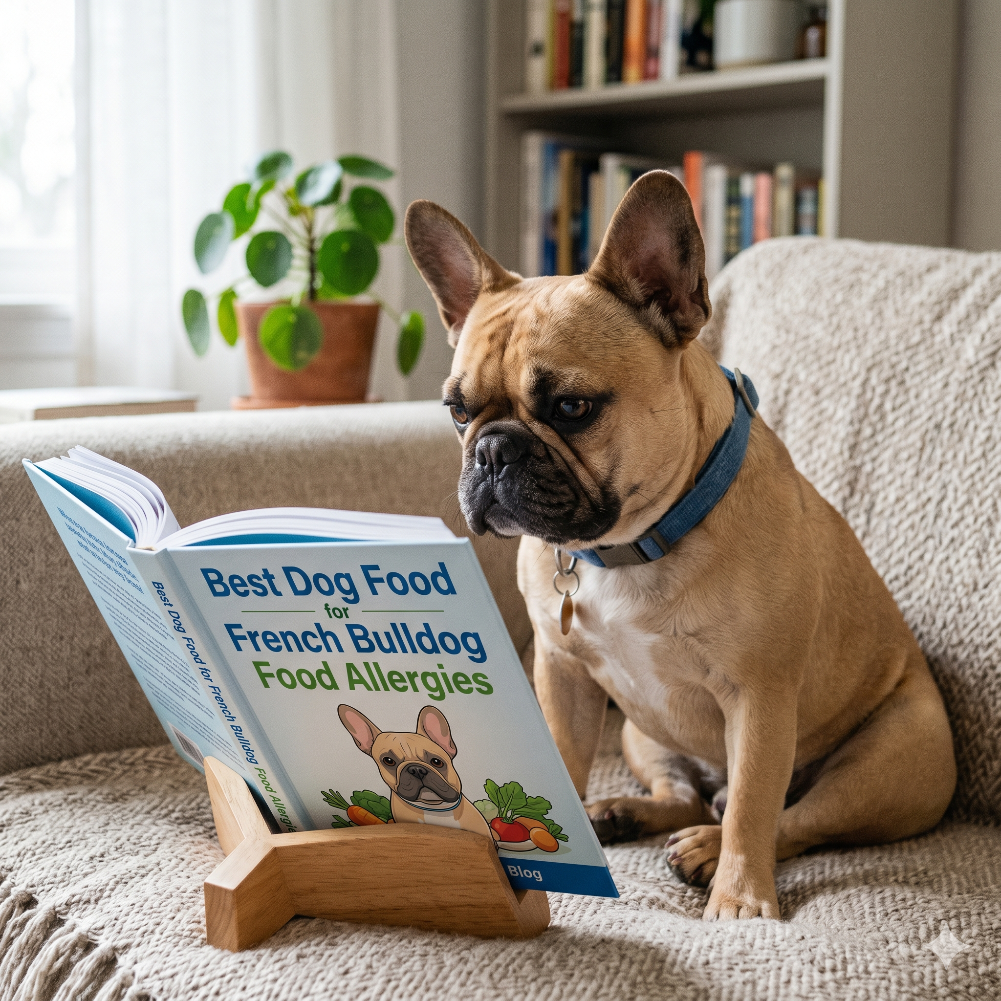 A candid, natural-light photograph of a fawn-colored French Bulldog seated on a cozy blanket, looking curiously at an open hardcover book titled 'Best Dog Food for French Bulldog Food Allergies'.