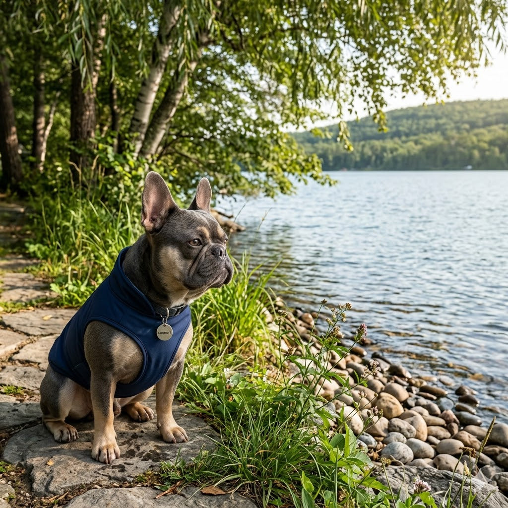 A 1:1 square photograph captures a Blue and Tan French Bulldog sitting attentively on a textured stone path next to a calm lake. The dog wears a tailored, water-resistant navy blue vest.