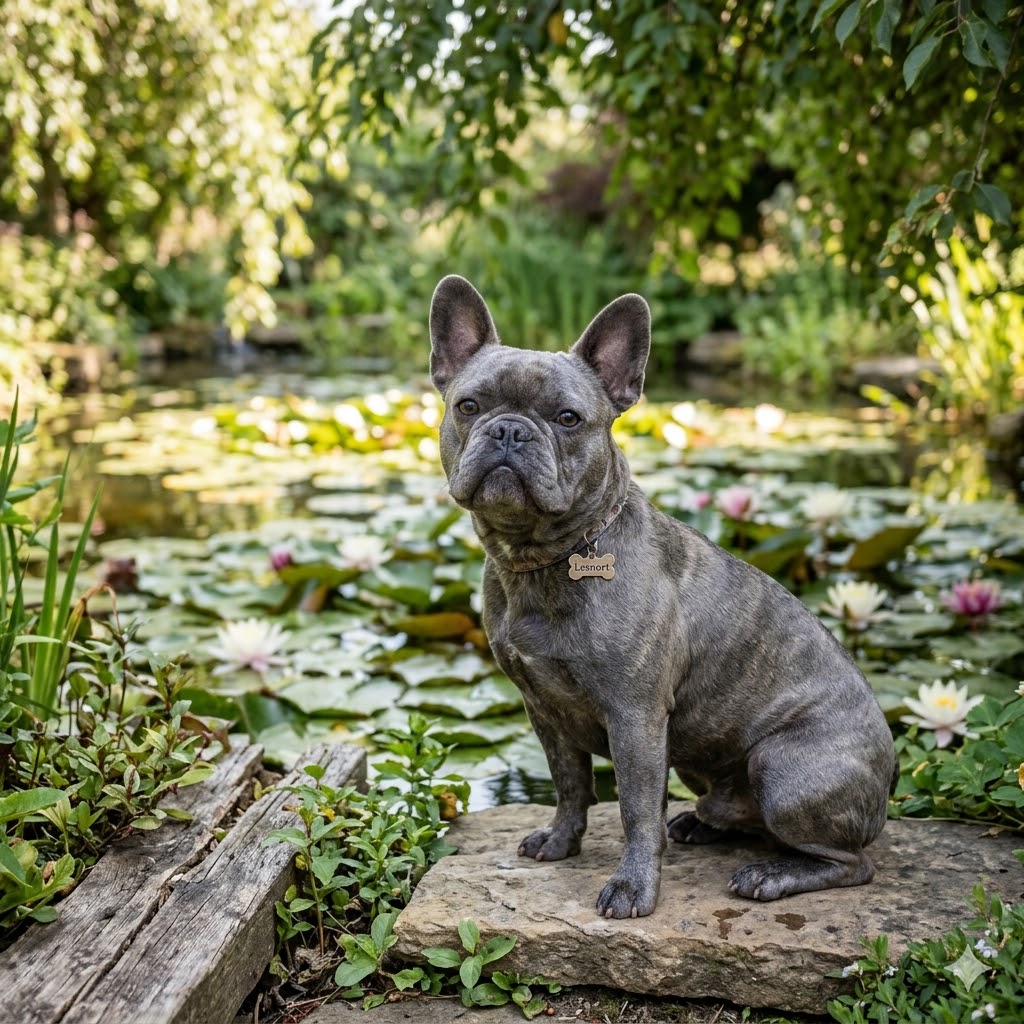 A 1:1 square photograph captures a Blue Brindle French Bulldog sitting attentively on a natural stone ledge next to a serene, lily-pad covered pond in a lush garden.