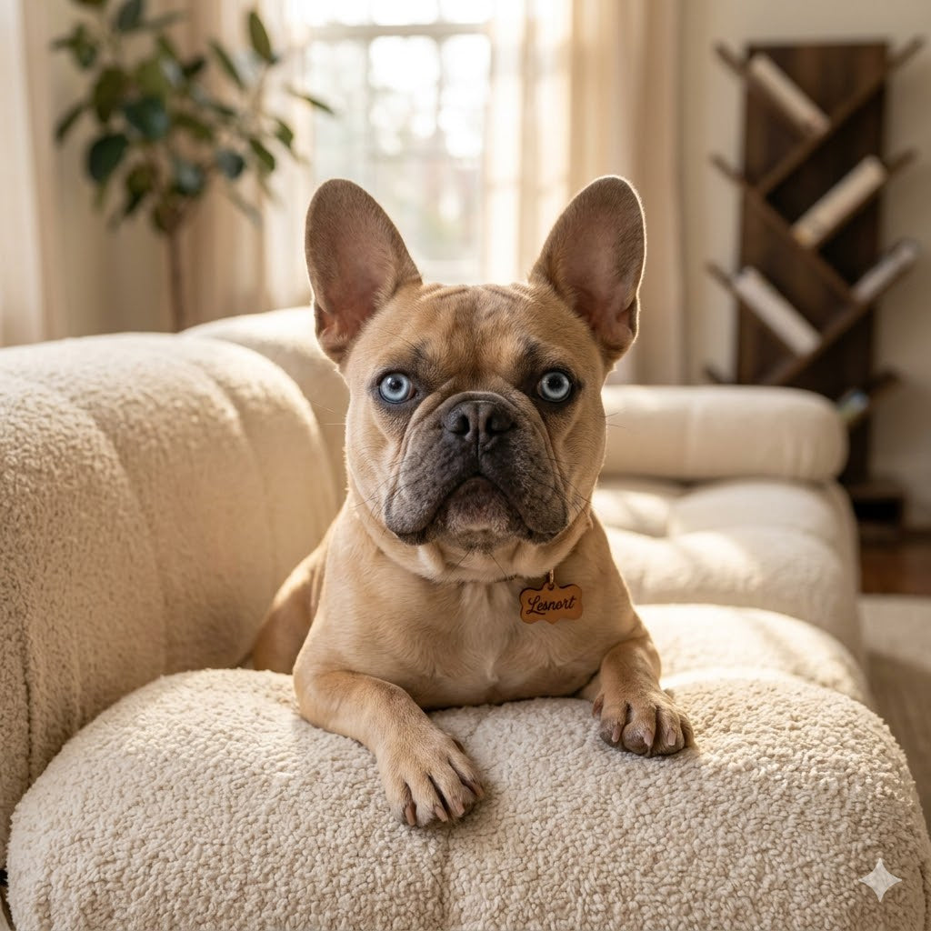 A warm, naturally lit portrait of a fawn French Bulldog with striking bright blue eyes.