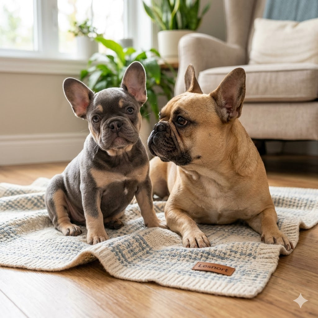 A 1:1 square photograph in natural daylight captures a focused Blue fawn French Bulldog puppy with its mother, a standard fawn-colored French Bulldog.