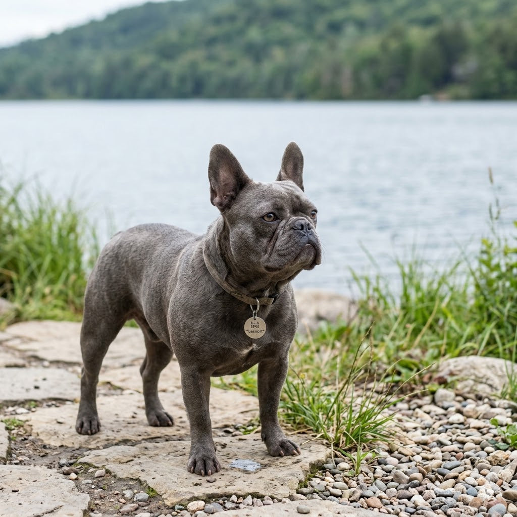 A high-quality 1:1 square lifestyle photograph in natural daylight, featuring a steel-blue French Bulldog standing on a natural stone path by a calm lake.