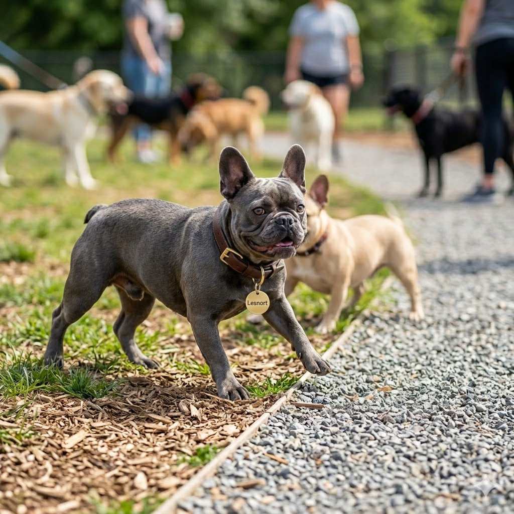 A high-quality 1:1 square photograph of a rare Blue French Bulldog playing happily in a sunlit dog park.