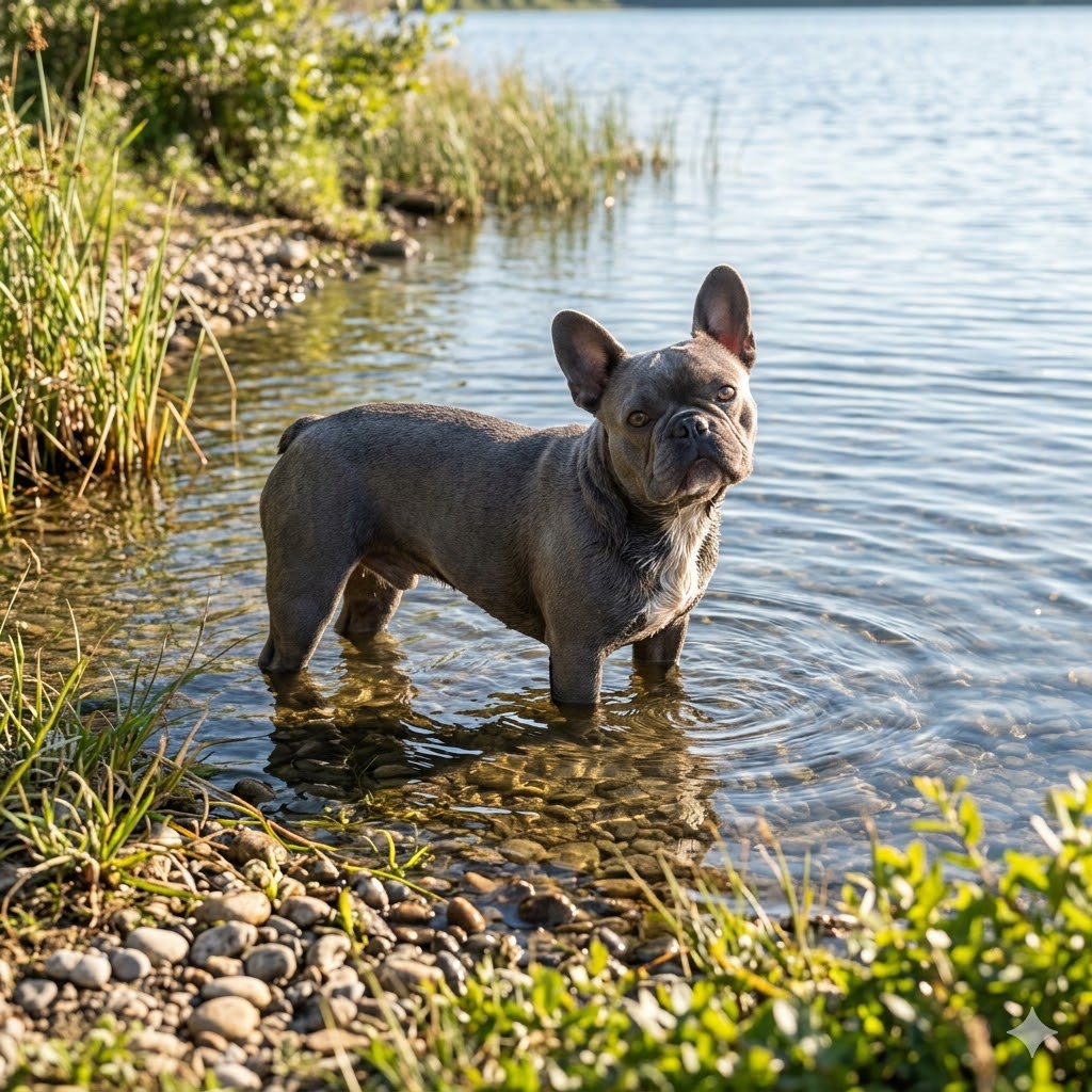 A candid, natural light photograph in a 1:1 square format of a Blue French Bulldog female standing calmly in a lake with water reaching up to her belly, just off a natural shoreline with reeds and pebbles.