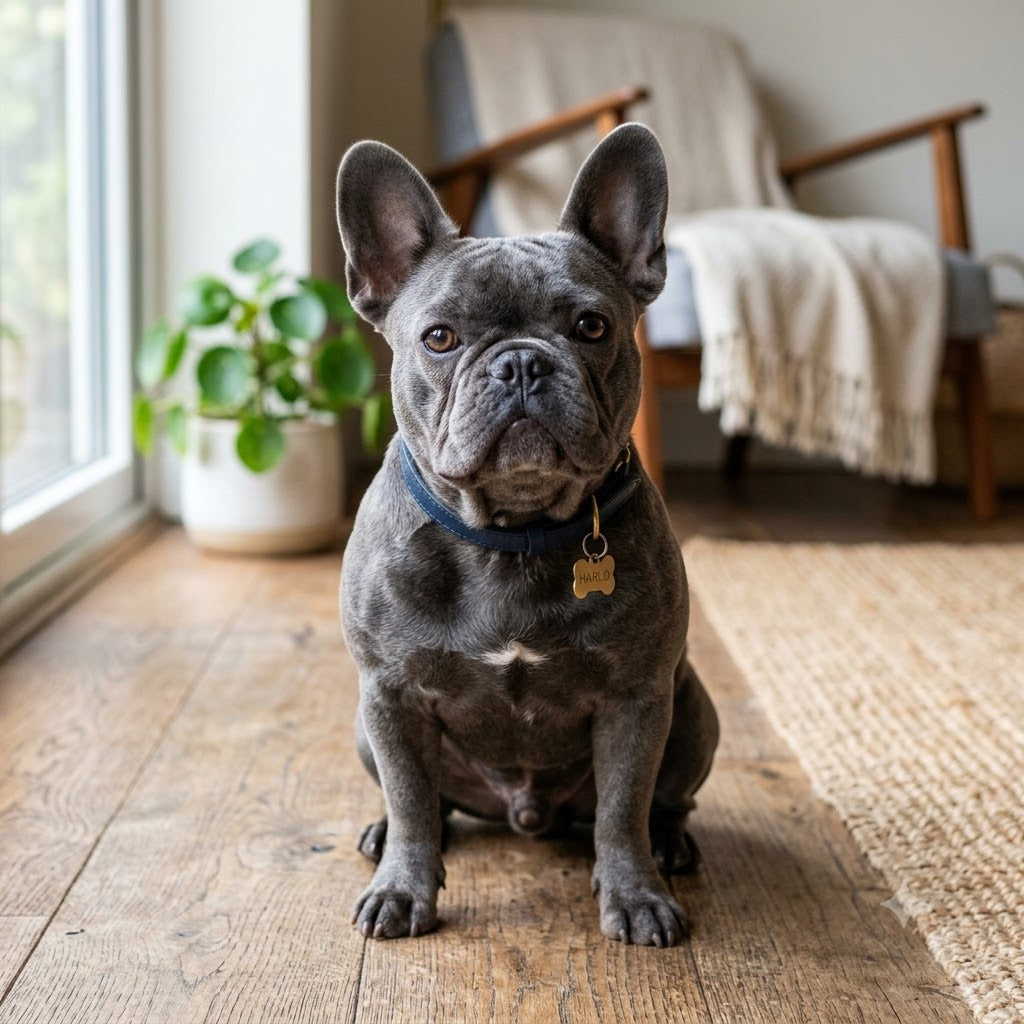A charming Blue French Bulldog with a sleek blue-grey coat, sitting on a weathered wooden floor and looking attentively at the camera with large, dark eyes.