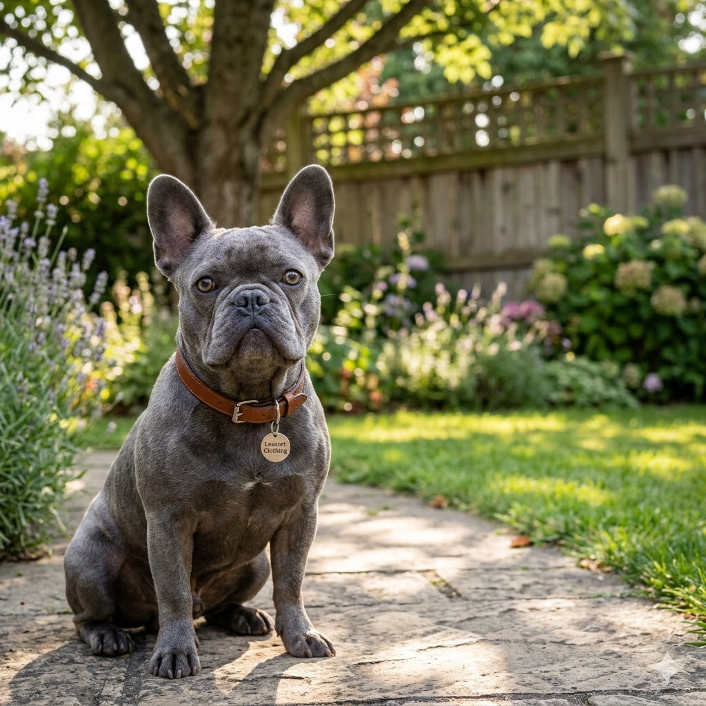 A 1:1 square photograph of a blue French Bulldog on a stone path in a sun-dappled garden, looking alertly at the camera.