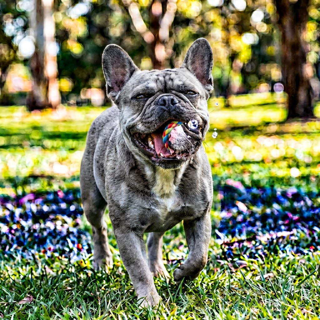 A blue French Bulldog walking towards the camera through green grass in a sunlit park, carrying a colorful, twisted rope toy in its mouth with small water droplets suspended mid-air.