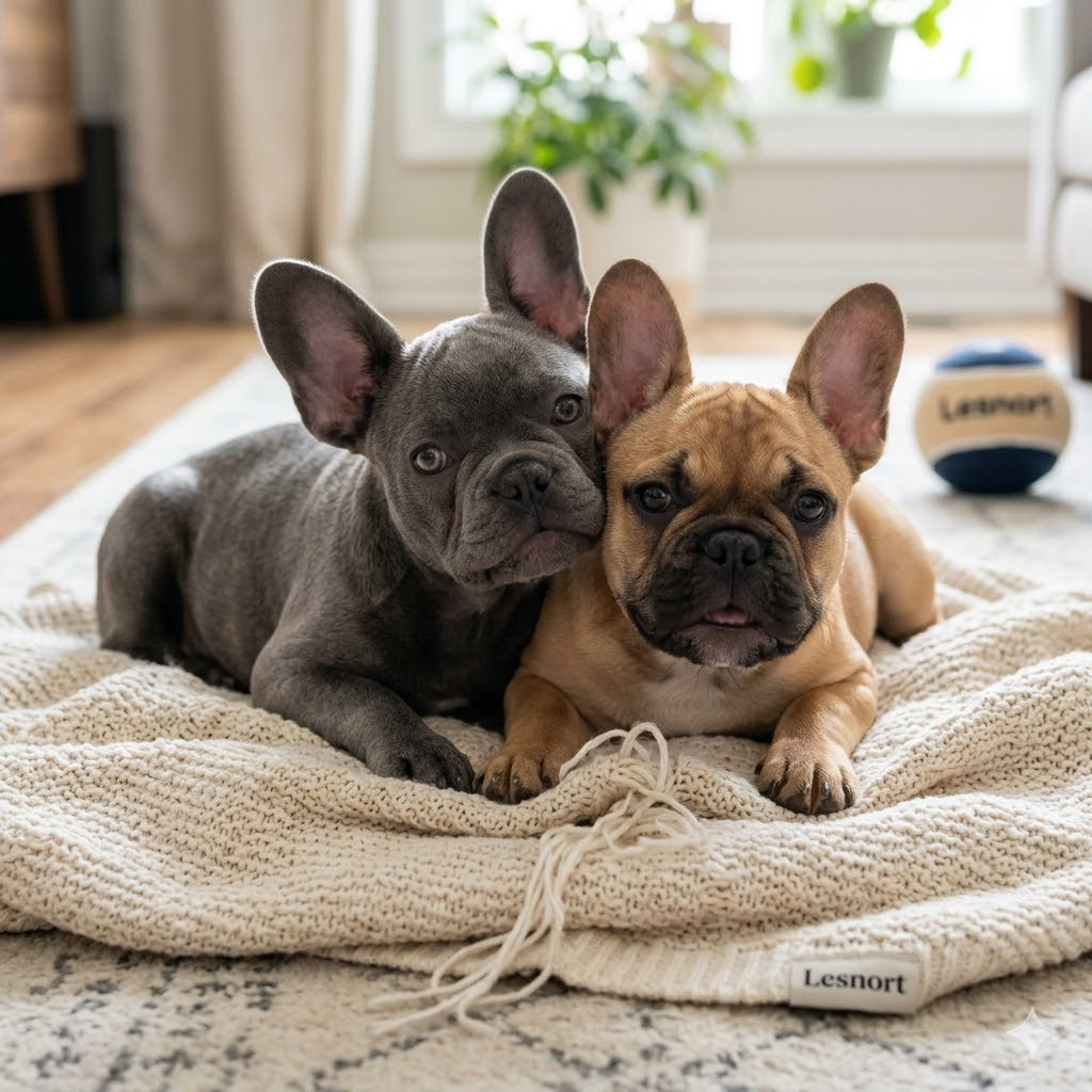 A natural, warm-toned 1:1 photograph in a cozy living room captures a rare Blue French Bulldog puppy cuddling with its sibling, a standard fawn-colored French Bulldog.