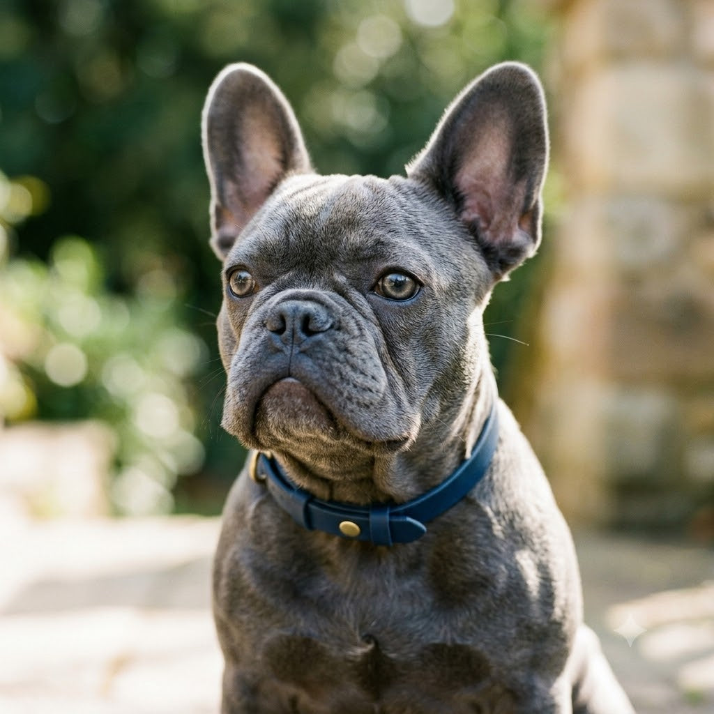 A close-up portrait of the blue French Bulldog from image_f6f46d.jpg, showing its attentive gaze to the side.