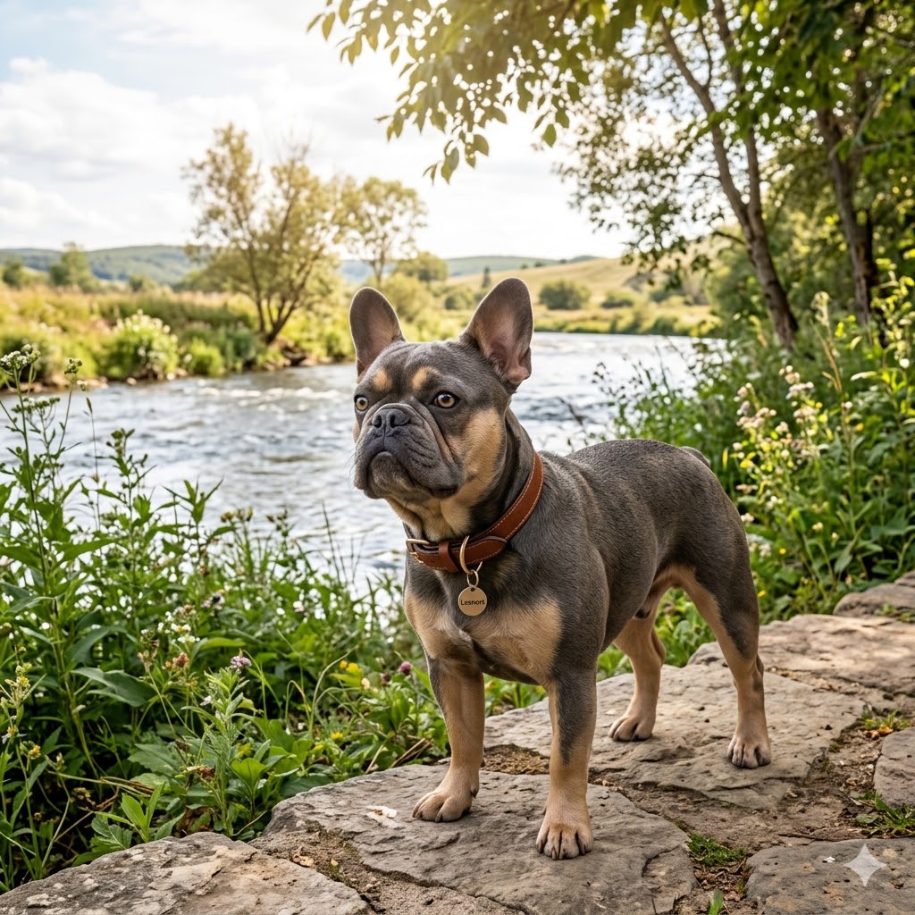 A 1:1 square photograph of a rare Blue Sable French Bulldog, with a unique grayish-blue and warm fawn coat, sitting attentively on a natural, stone path by a flowing river.