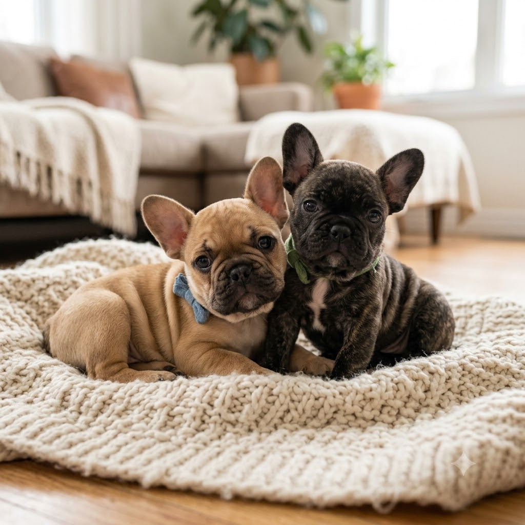 A heartwarming photo of two adorable French Bulldog puppies snuggled together on a textured, chunky knit beige blanket on a light wood floor.