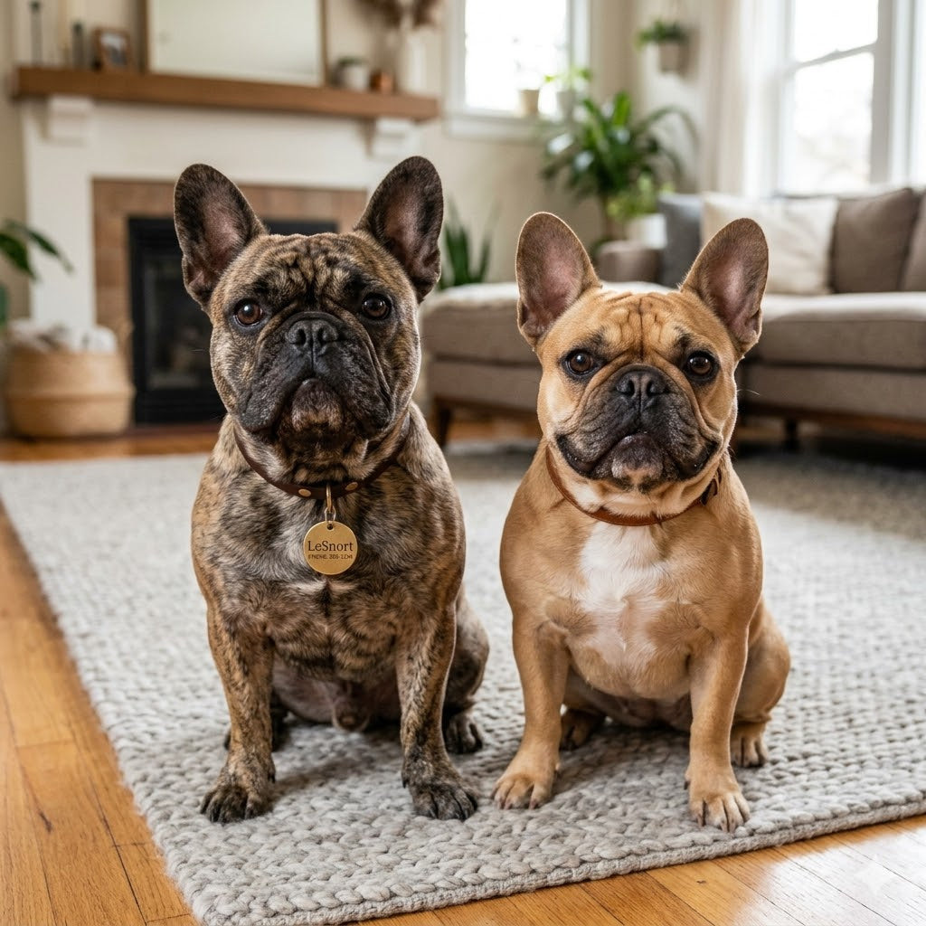 A close-up photograph of two French Bulldogs, one brindle and one fawn-colored, sitting side-by-side on a textured gray woven rug in a brightly lit modern living room.