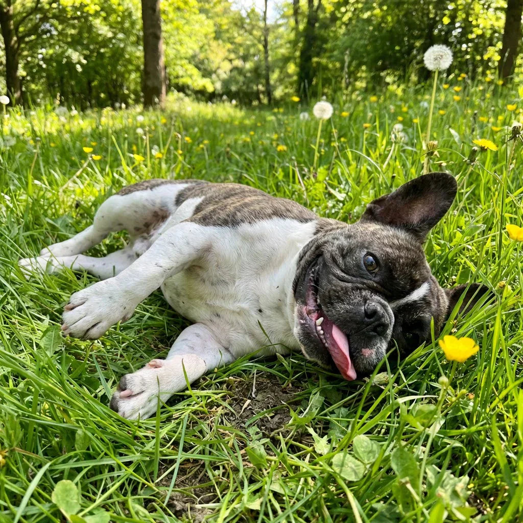 A happy brindle and white French Bulldog resting on its side in lush green grass dotted with dandelions and yellow wildflowers, looking up toward the camera with a joyful expression and its tongue hanging out.