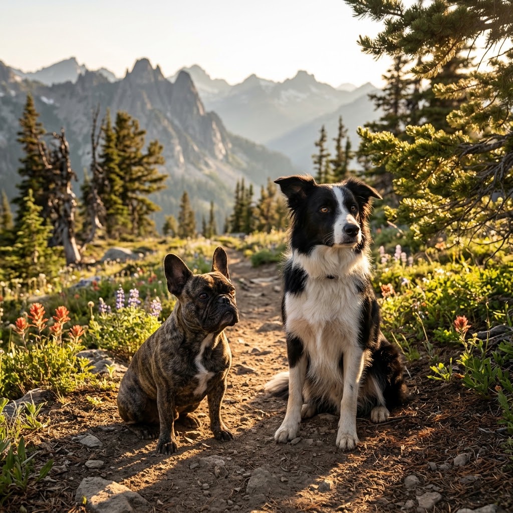 A square (1:1) outdoor photograph taken on a rugged mountain hiking trail at golden hour, featuring a brindle French Bulldog and a black and white Border Collie sitting side-by-side.