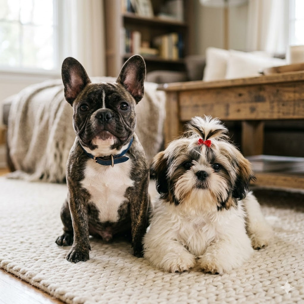 A close-up photograph of a brindle French Bulldog and a fluffy Shih Tzu puppy sitting together on a textured cream rug in a sunlit living room.