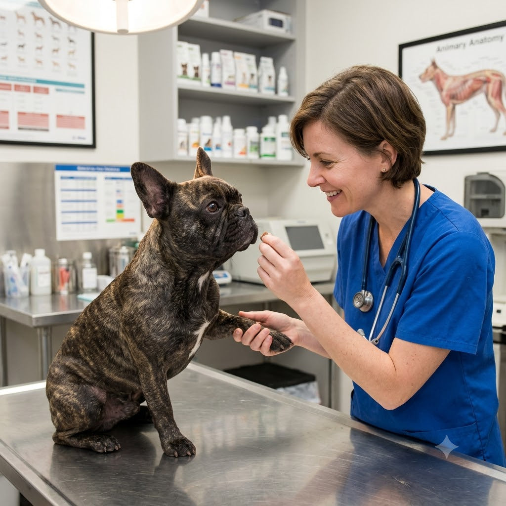 A vet examining a Brindle French Bulldog front paw.