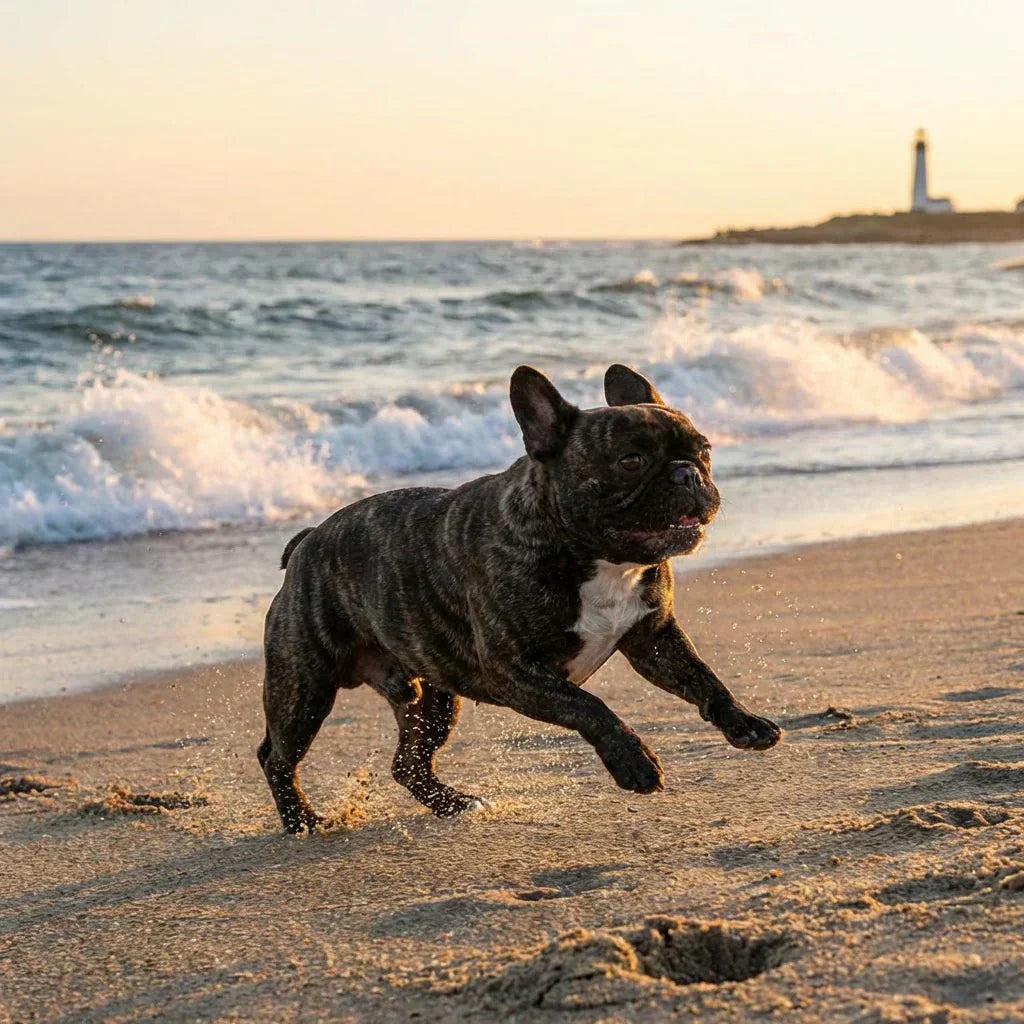 Brindle French Bulldog running joyfully on a sandy beach at sunset with ocean waves and a lighthouse in the background.