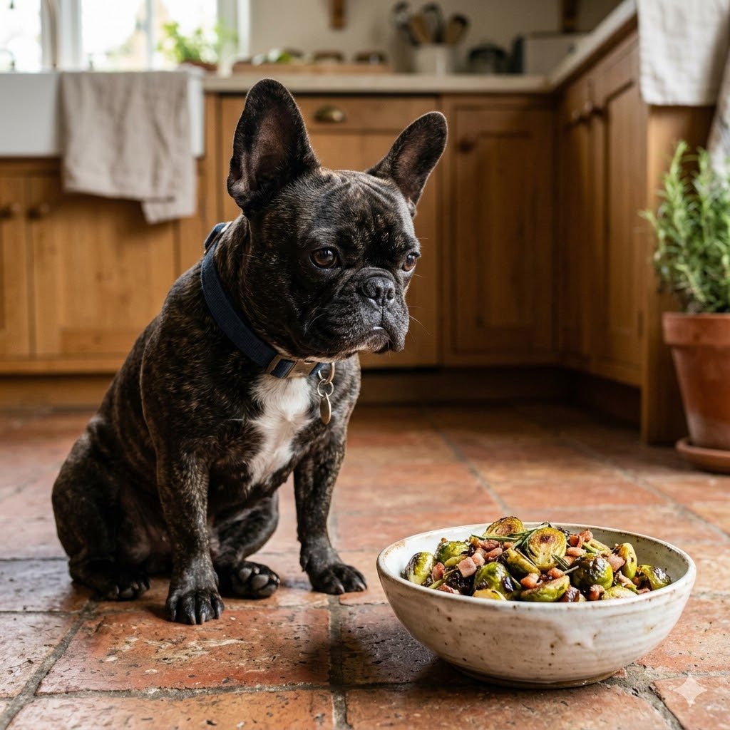 A brindle French Bulldog wearing a blue collar sits on a rustic terracotta tiled floor, gazing with a humorous, skeptical expression at a ceramic bowl filled with roasted Brussels sprouts and bacon.