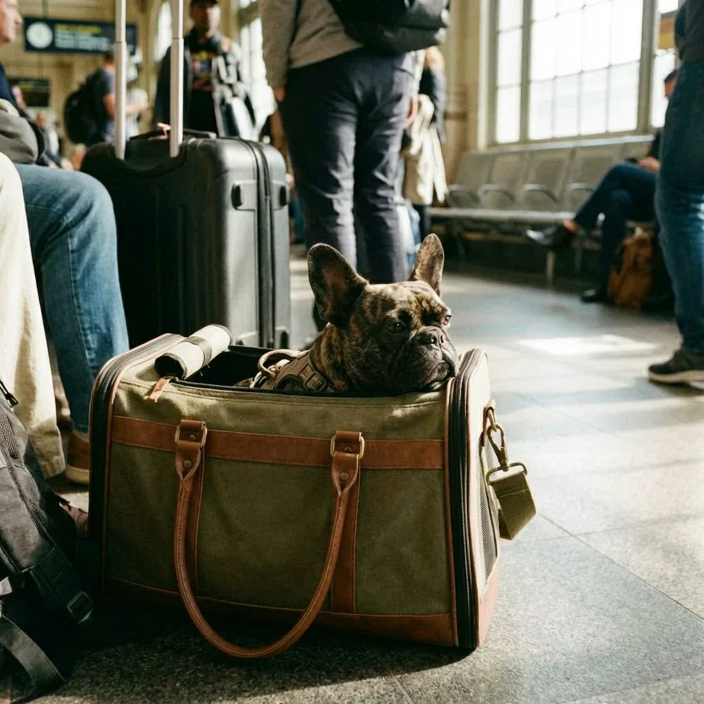 A brindle French Bulldog resting inside an open, olive green canvas and brown leather pet travel carrier on the tiled floor of a busy train station or airport.