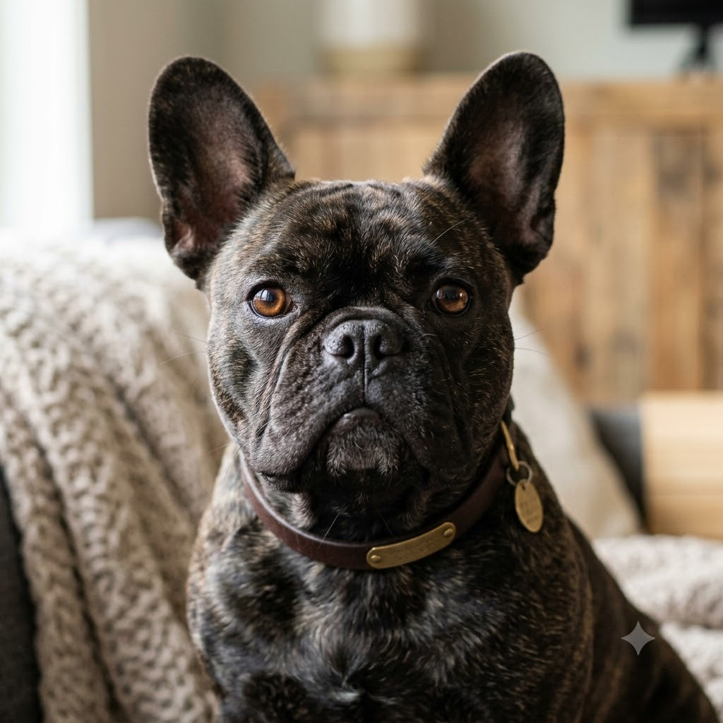 A close-up portrait photograph of a striking brindle French Bulldog looking intently and directly at the camera with warm amber eyes.