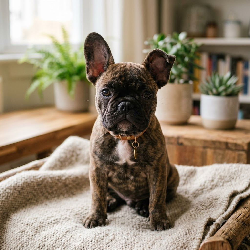 A young brindle French Bulldog puppy sitting on a beige blanket indoors. One of the puppy's large ears is standing straight up, while the tip of the other ear is curled back.