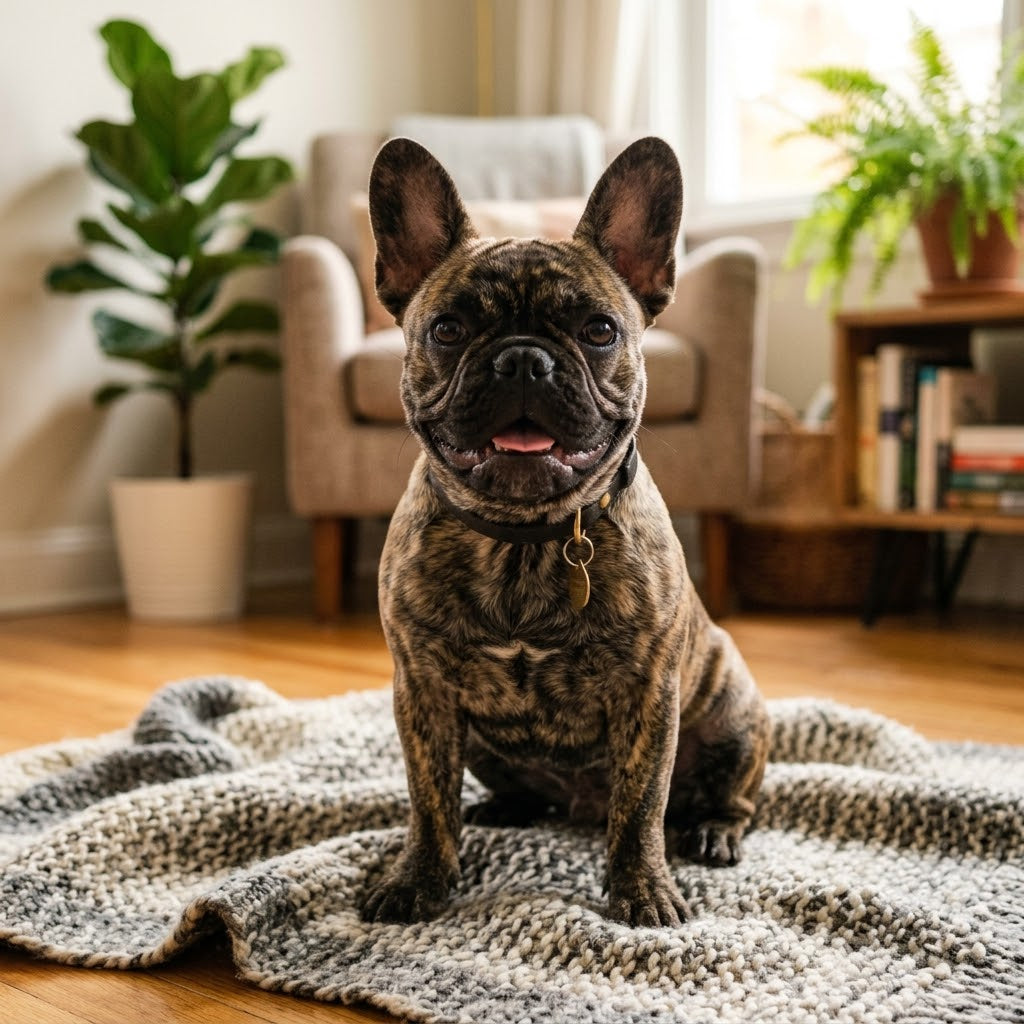A detailed close-up portrait of a brindle French Bulldog puppy sitting comfortably on a soft, grey and cream knitted blanket in a cozy living room.