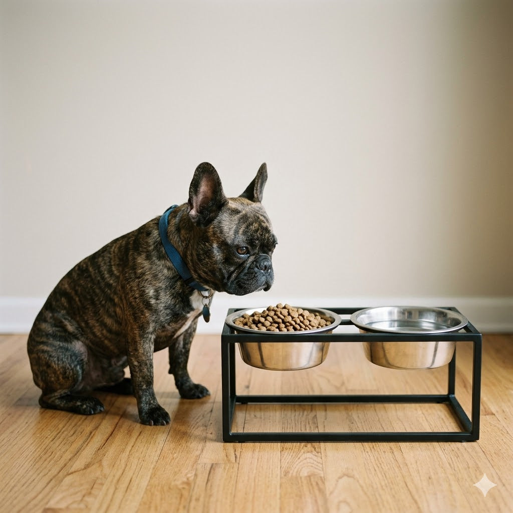 A brindle French Bulldog wearing a blue collar sits on a hardwood floor, looking intently at a raised feeder holding two stainless steel bowls filled with kibble and water.