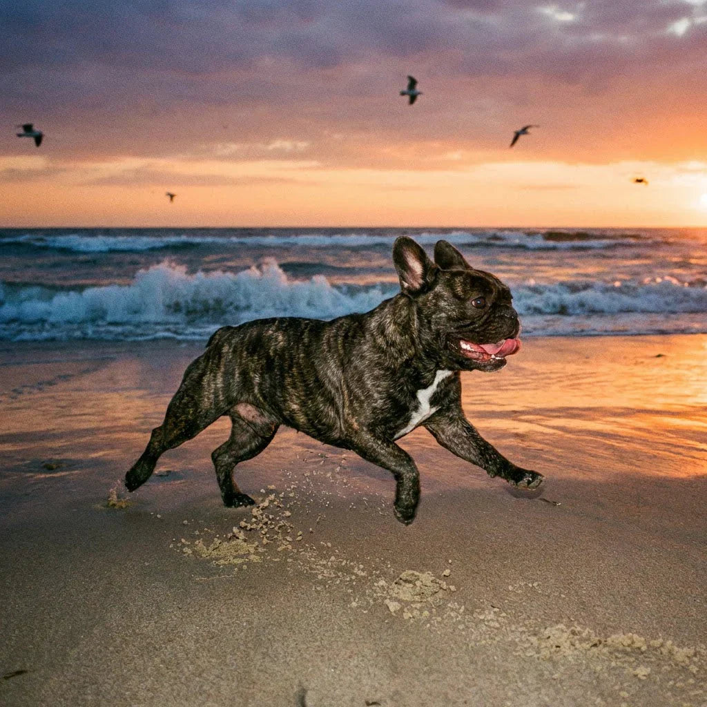 A happy brindle French Bulldog with a white chest patch running along a sandy beach.