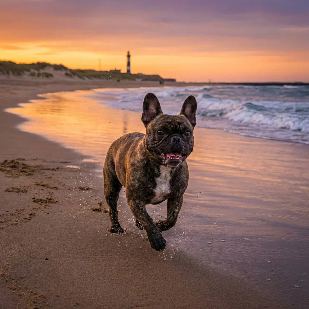 A vibrant photograph of a brindle French Bulldog running dynamically towards the camera on a sandy beach.