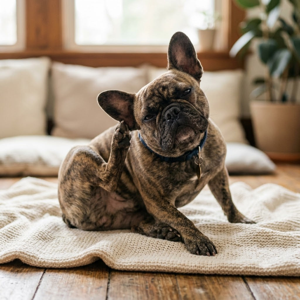 A photograph capturing a central, full-body view of a brindle French Bulldog as it sits on a textured, off-white knitted blanket,