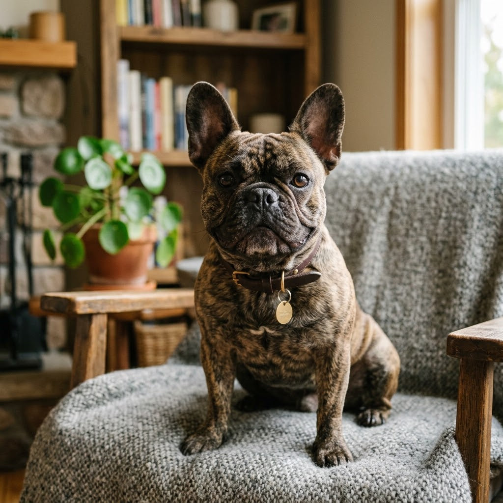 A brindle French Bulldog sits upright on a textured grey armchair, looking directly at the camera.
