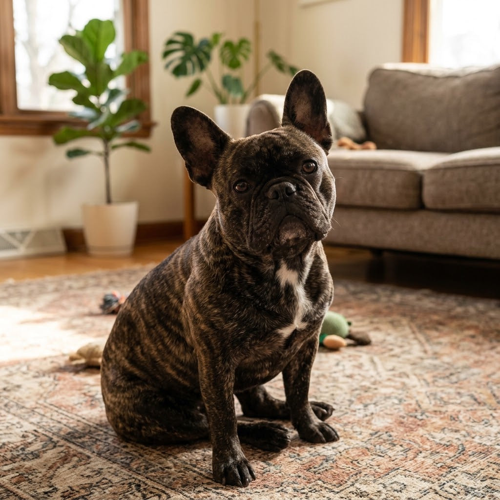 A brindle French Bulldog with large bat ears sits calmly on a patterned area rug in a sunlit living room, looking toward the camera.