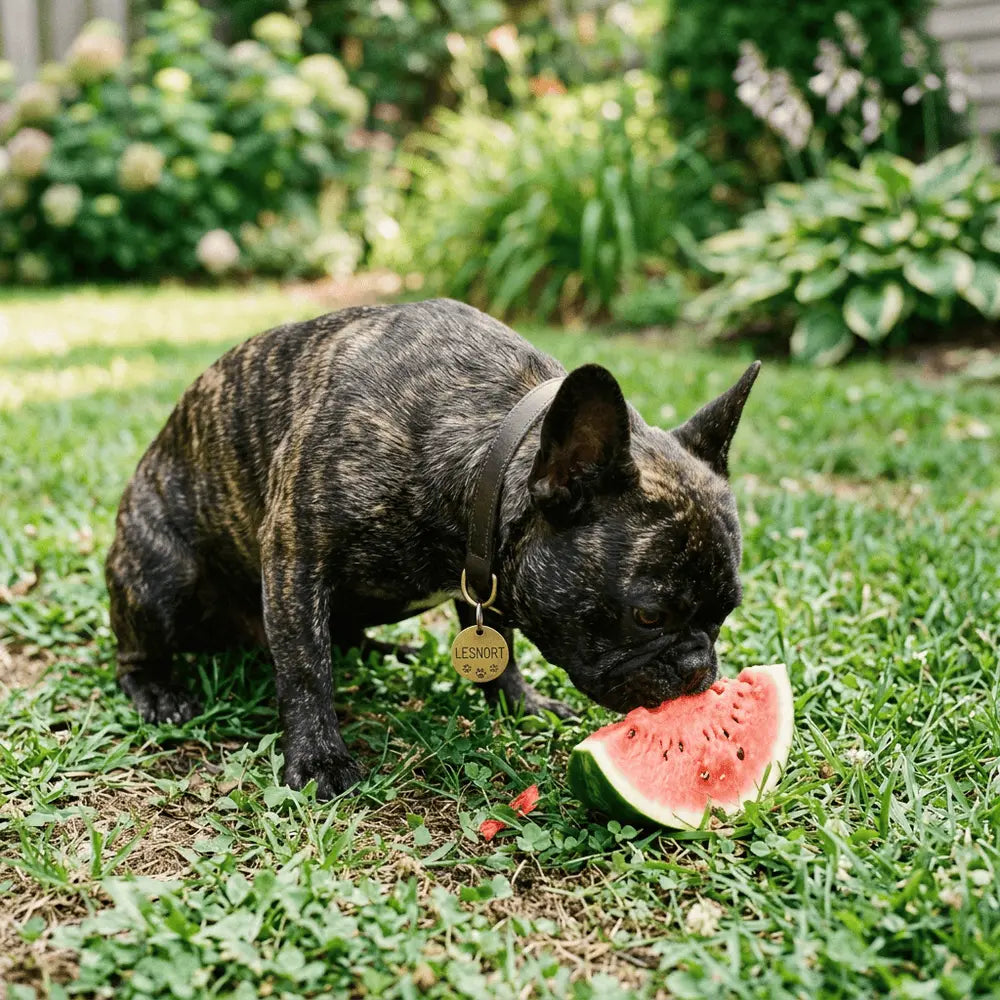Close-up photograph of a dark brindle and white French Bulldog, wearing a collar sniffing a slice of watermelon that is on the grass.