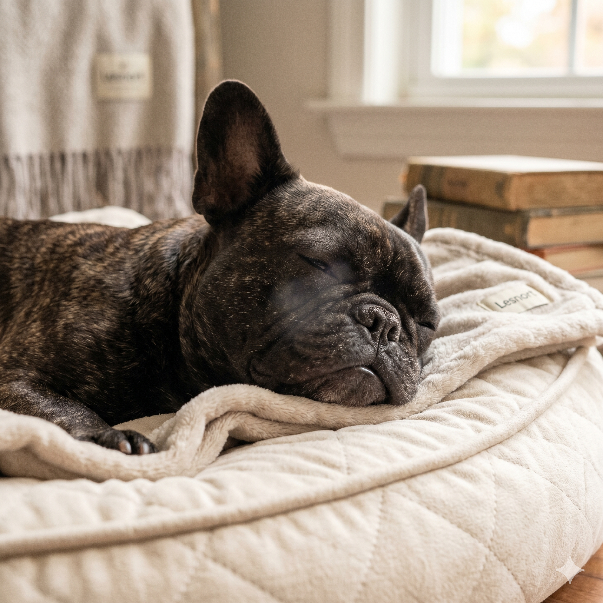 A brindle French Bulldog is fast asleep, lying comfortably on a quilted, cream-colored dog bed and a matching soft blanket in a home setting.