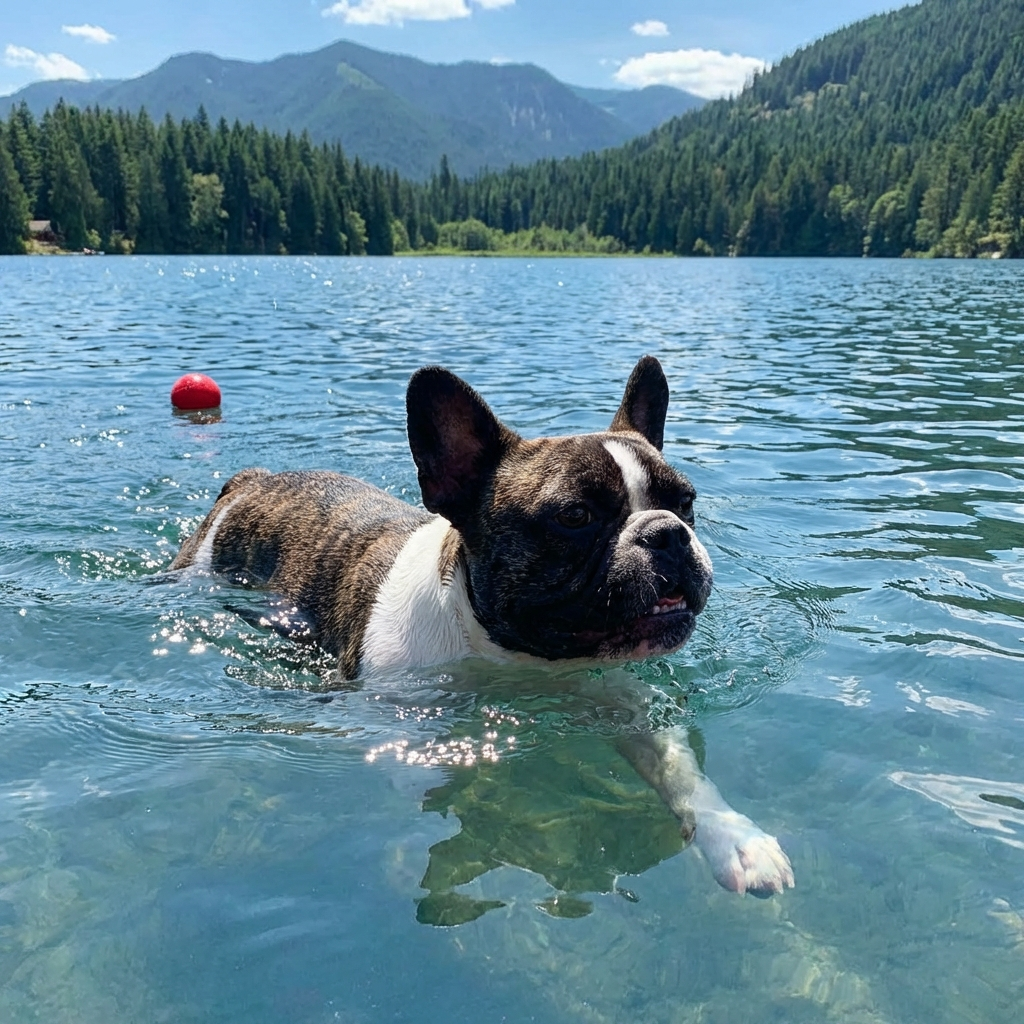 A brindle French Bulldog swimming in a scenic mountain lake with a red floating ball.