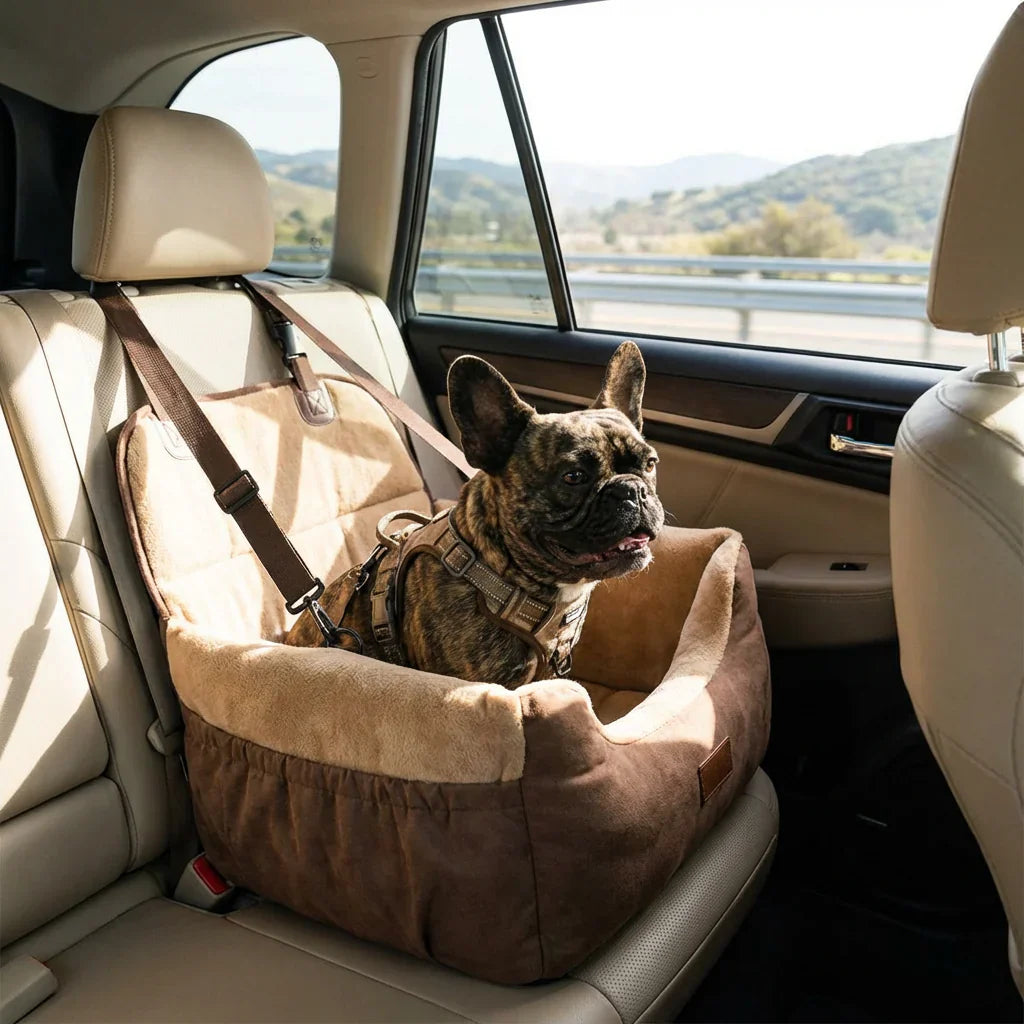 A brindle Frenchie safely secured for travel in a brown, fleece-lined dog car seat in the back of an SUV.