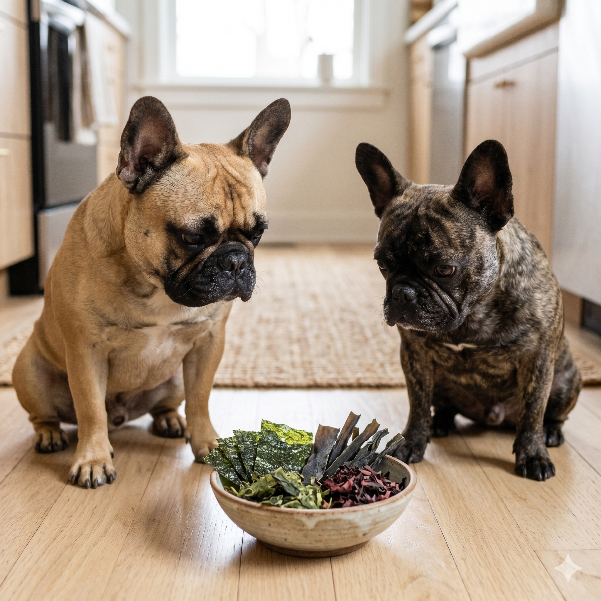 A fawn and a brindle French Bulldog sitting side-by-side on a light wood kitchen floor, looking curiously down at a rustic ceramic bowl filled with various pieces of dried seaweed.