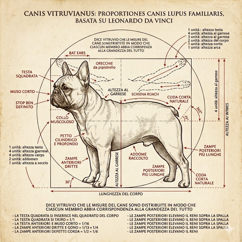 A detailed, classical anatomical and artistic diagram from based on Leonardo da Vinci's Vitruvian Man, illustrating the ideal physical proportions of a French Bulldog.