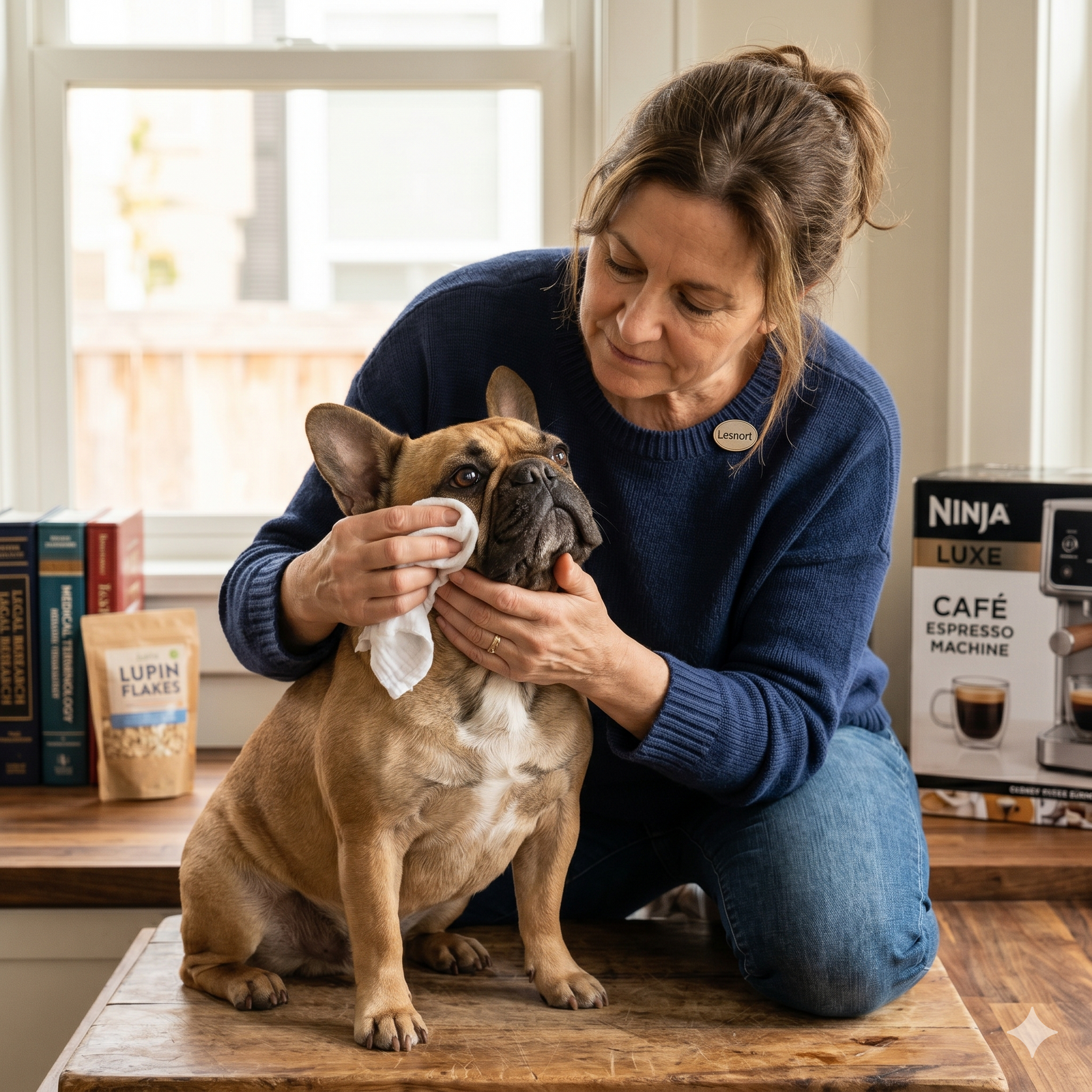 A detailed close-up square photograph of a woman, wearing a 'Lesnort' pin, using a soft cloth to gently clean the tear stains and face folds of a fawn French Bulldog.