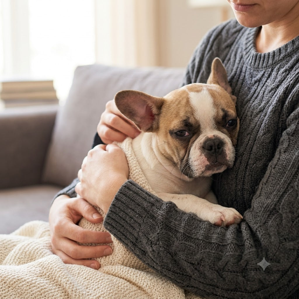A close-up photograph capturing a warm, intimate moment as a person wearing a textured charcoal grey cable-knit sweater cradles a fawn and white French Bulldog puppy.