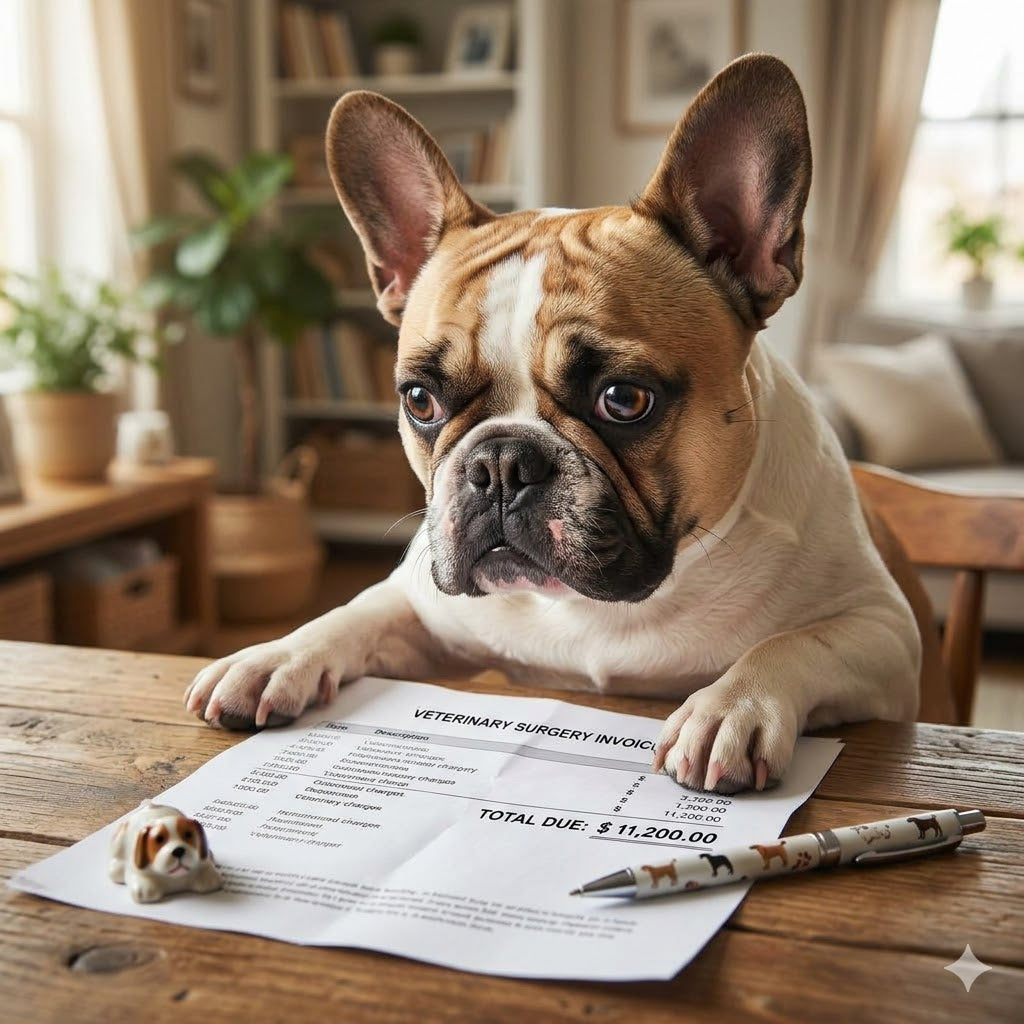 A fawn and white French Bulldog sits seriously at a wooden table, its paws on a detailed 'VETERINARY SURGERY INVOICE' which shows a total due of $11,200.00.