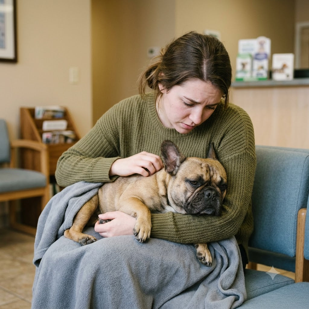 A woman is looking down with a concerned or pensive expression at a fawn-colored French Bulldog that is lying on her lap.
