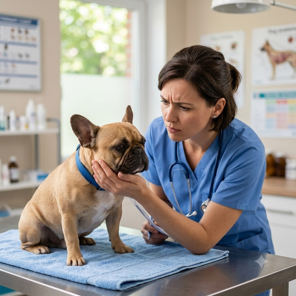 A concerned female veterinarian in blue scrubs gently examines a fawn French Bulldog.