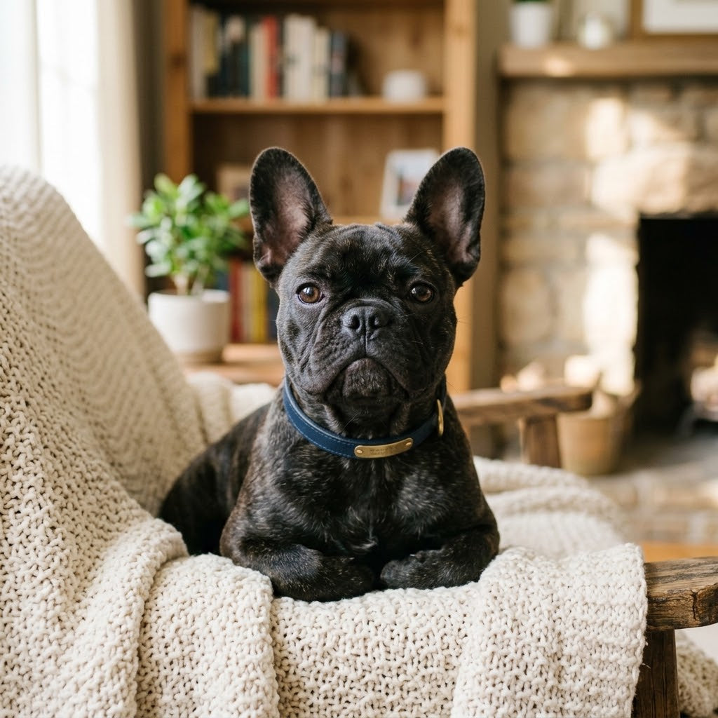 A charming dark brindle French Bulldog with large bat ears sits upright on a cream knitted blanket in a cozy living room, looking directly at the camera with dark, expressive eyes.