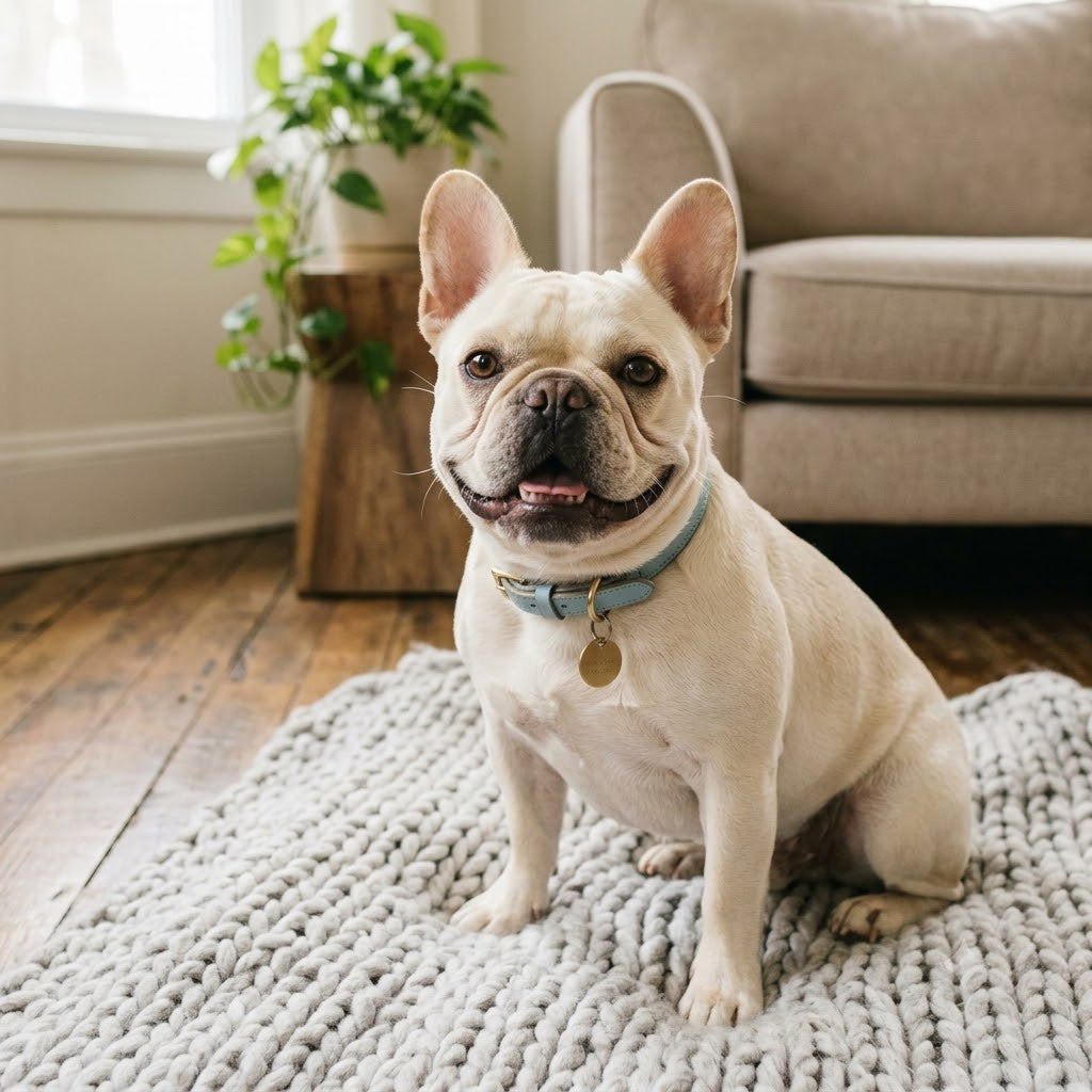 A cream-colored French Bulldog sitting on a gray chunky knit blanket in a cozy indoor setting. The dog is looking directly at the camera.  SEO image name: