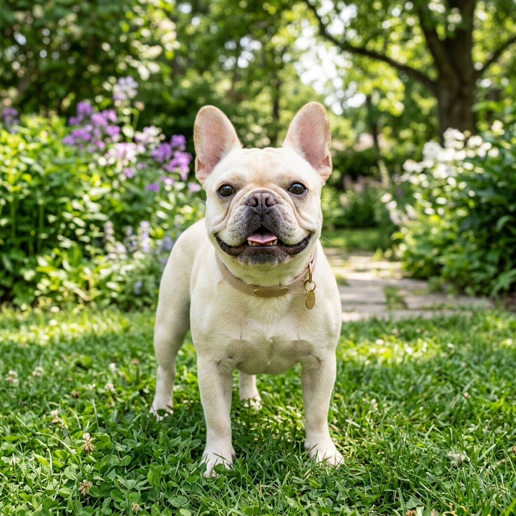 Fawn French Bulldog stands centered on a lush green lawn, looking directly at the camera with a cheerful, open-mouthed smile.